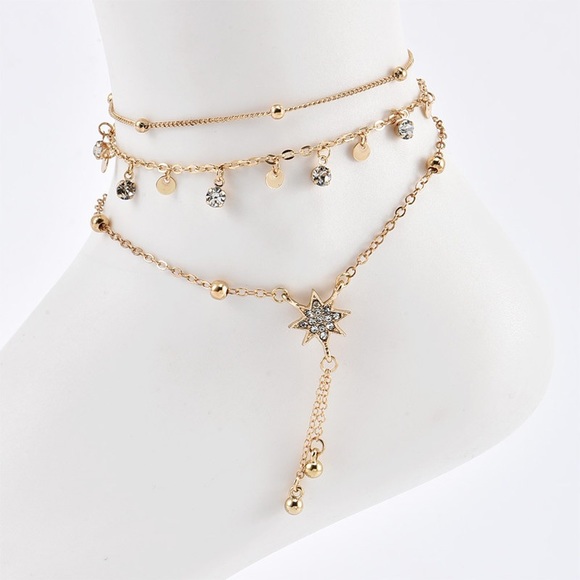 Bohemian 3 Pcs Crystal Star and Gold Anklet Set - Picture 5 of 10